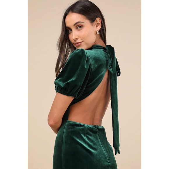 Lulu's Emerald Velvet Mock Neck Puff Sleeve Open Back Tie Midi Dress - Picture 2 of 14